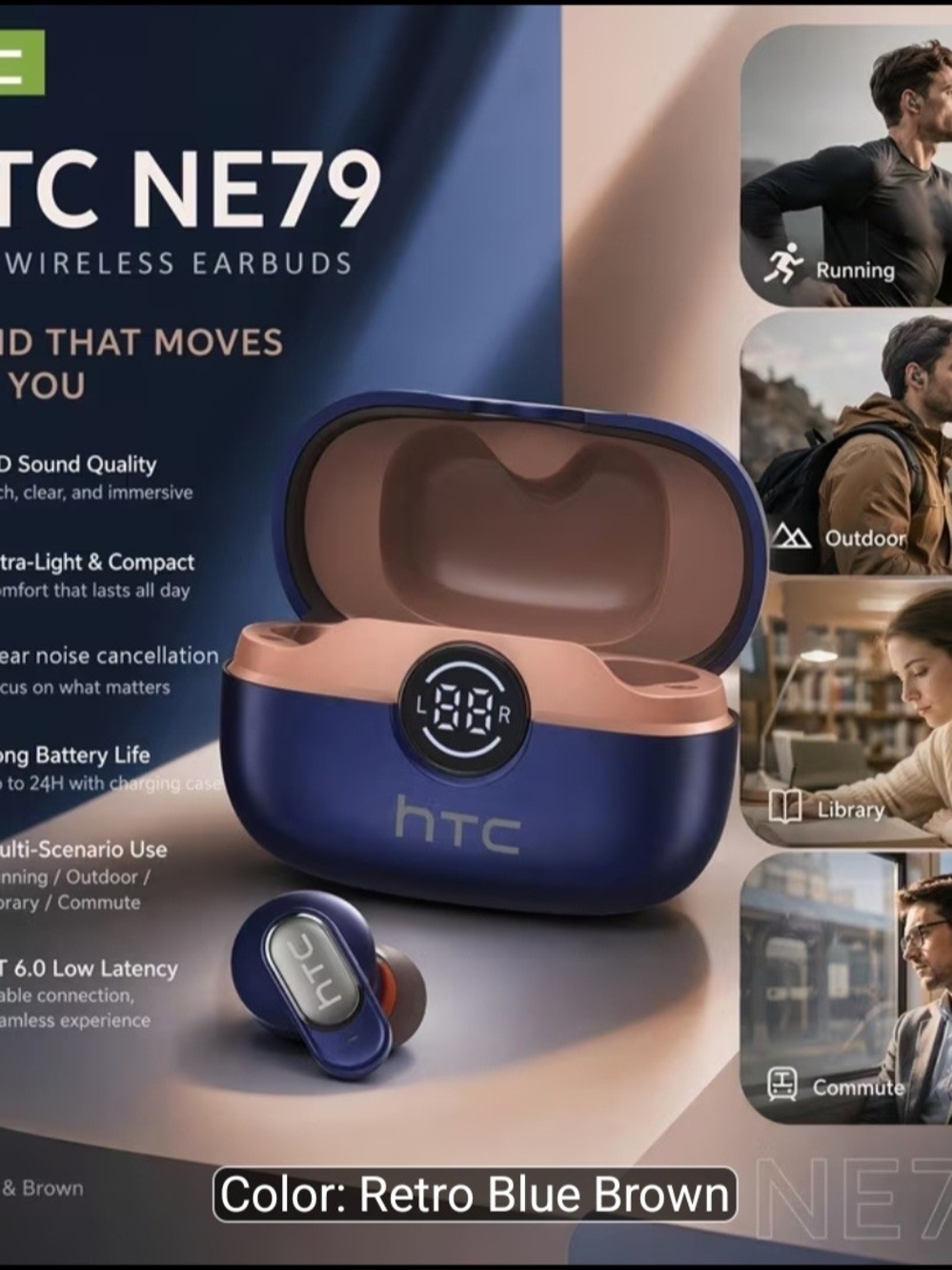 HTC NE79 Retro Blue Brown Wireless Earbuds - True Wireless Bluetooth
